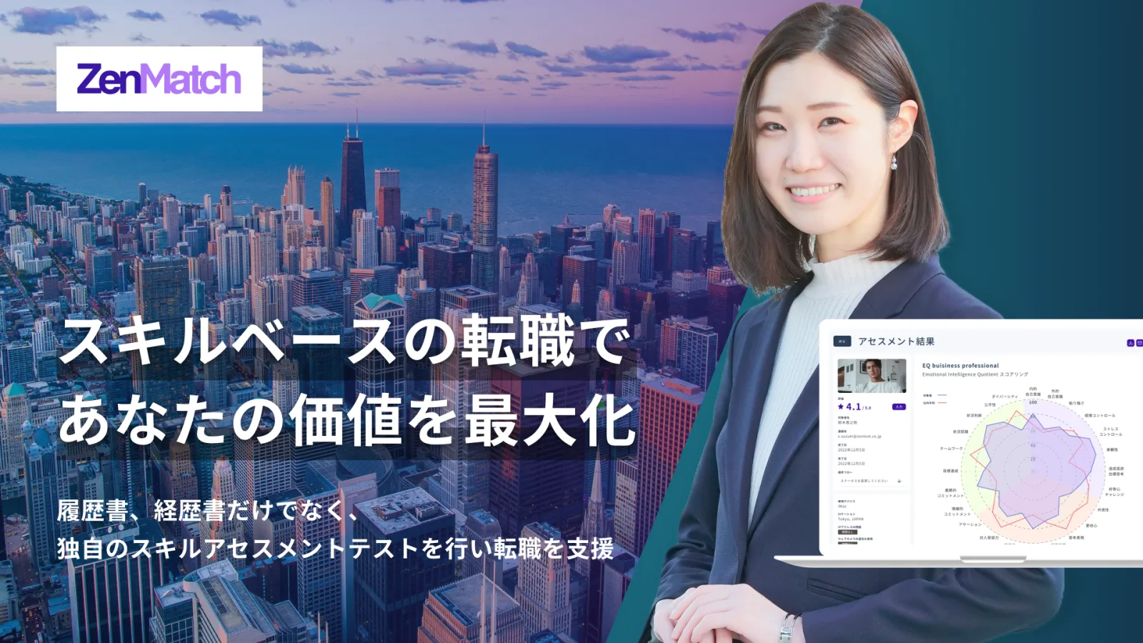履歴書、経歴書だけでなく、独自のスキルアセスメントテストを行い支援することで、求職者のキャリアが本来の価値を発揮できる環境へZenMatch Agentは導きます。